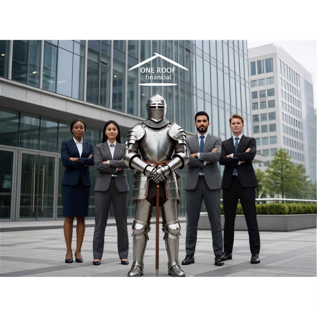 Business Protection Insurance represented by a knight in armour standing with business professionals outside an office building