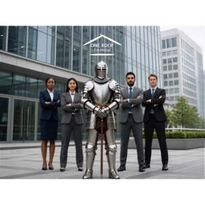 Business Protection Insurance represented by a knight in armour standing with business professionals outside an office building