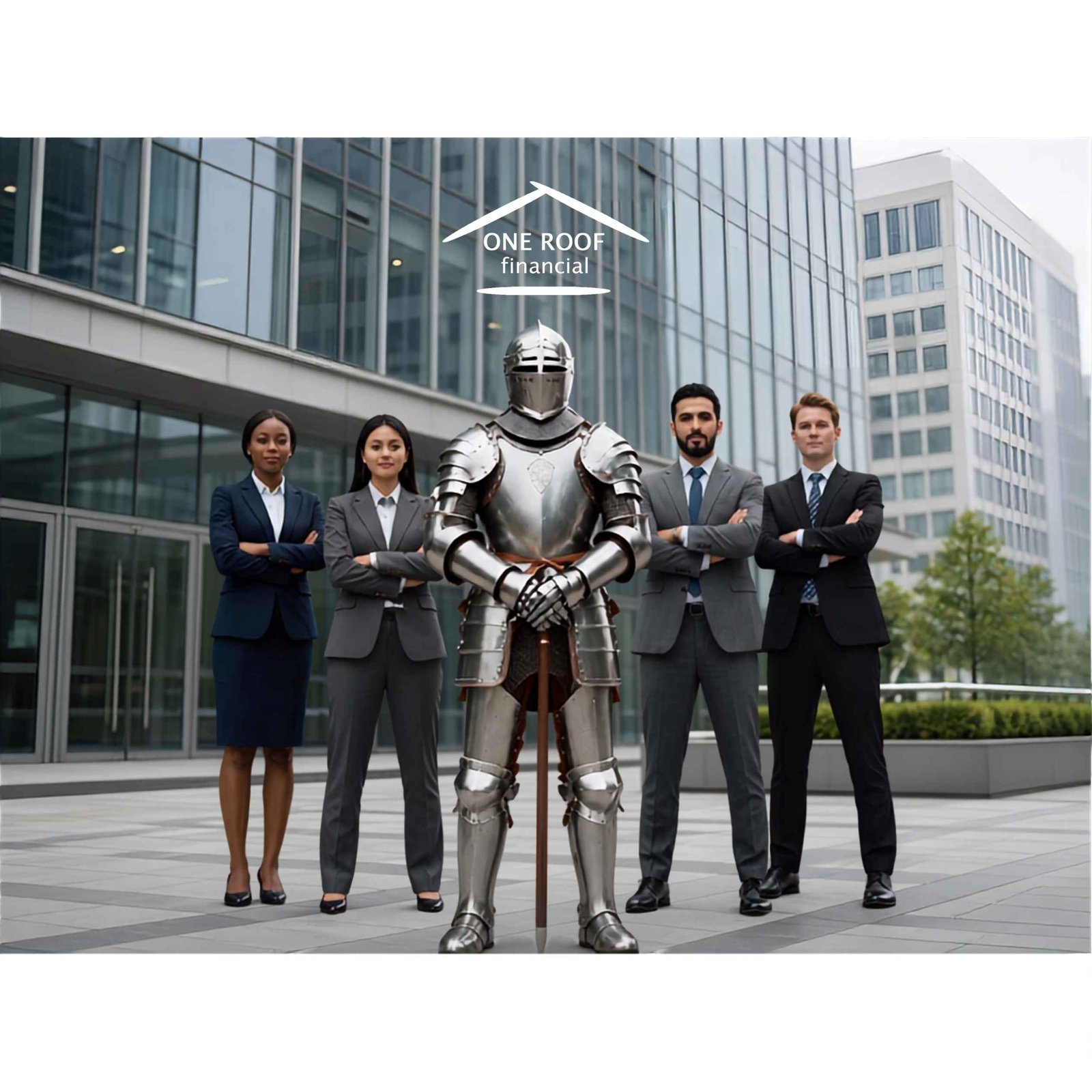 Business Protection Insurance represented by a knight in armour standing with business professionals outside an office building
