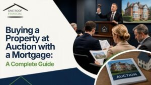 Property auction with prospective buyers and auctioneer discussing buying a property at auction with a mortgage